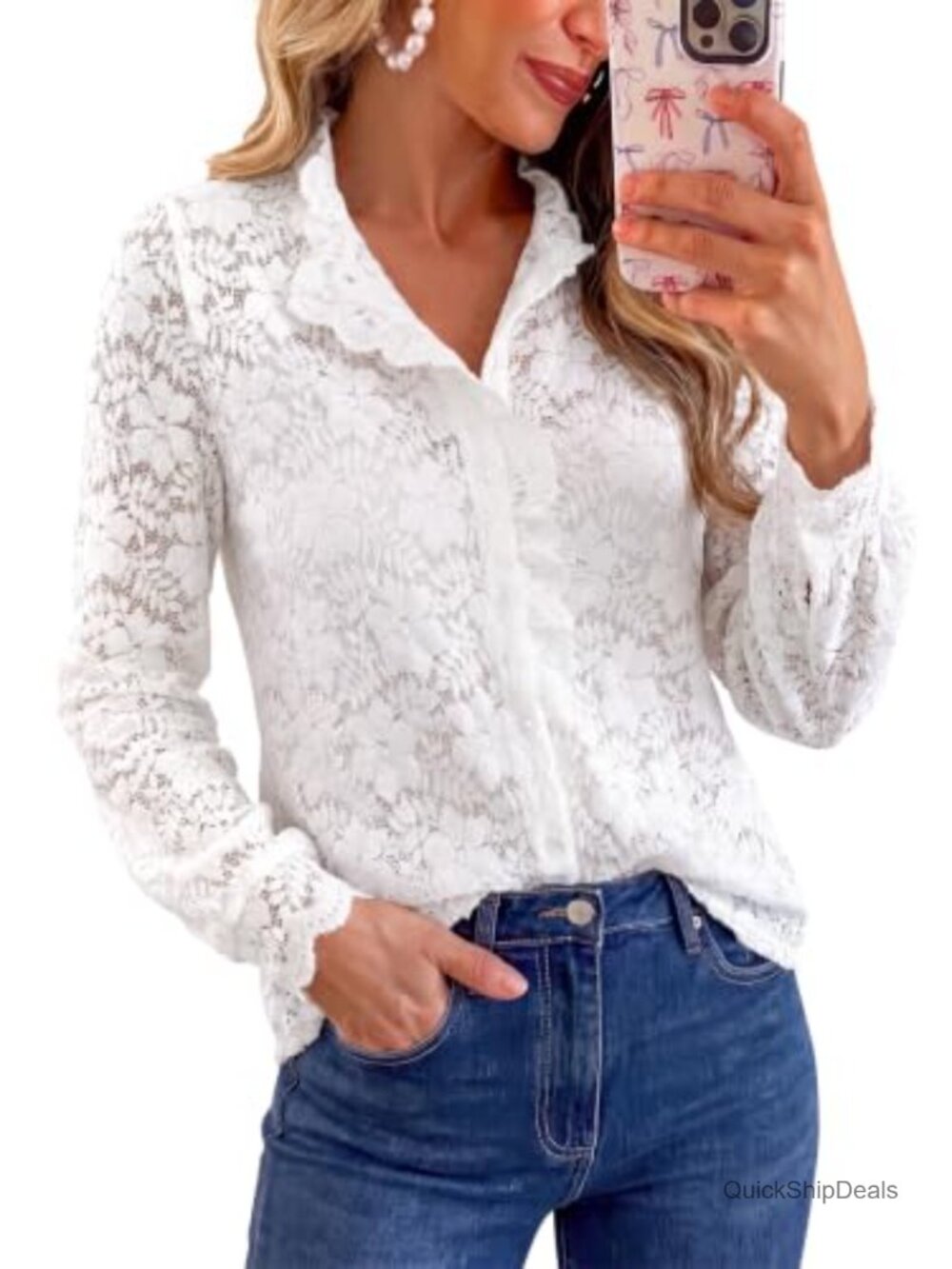 Women's Lace Button Down Long Sleeve Ruffle Collar Blouse